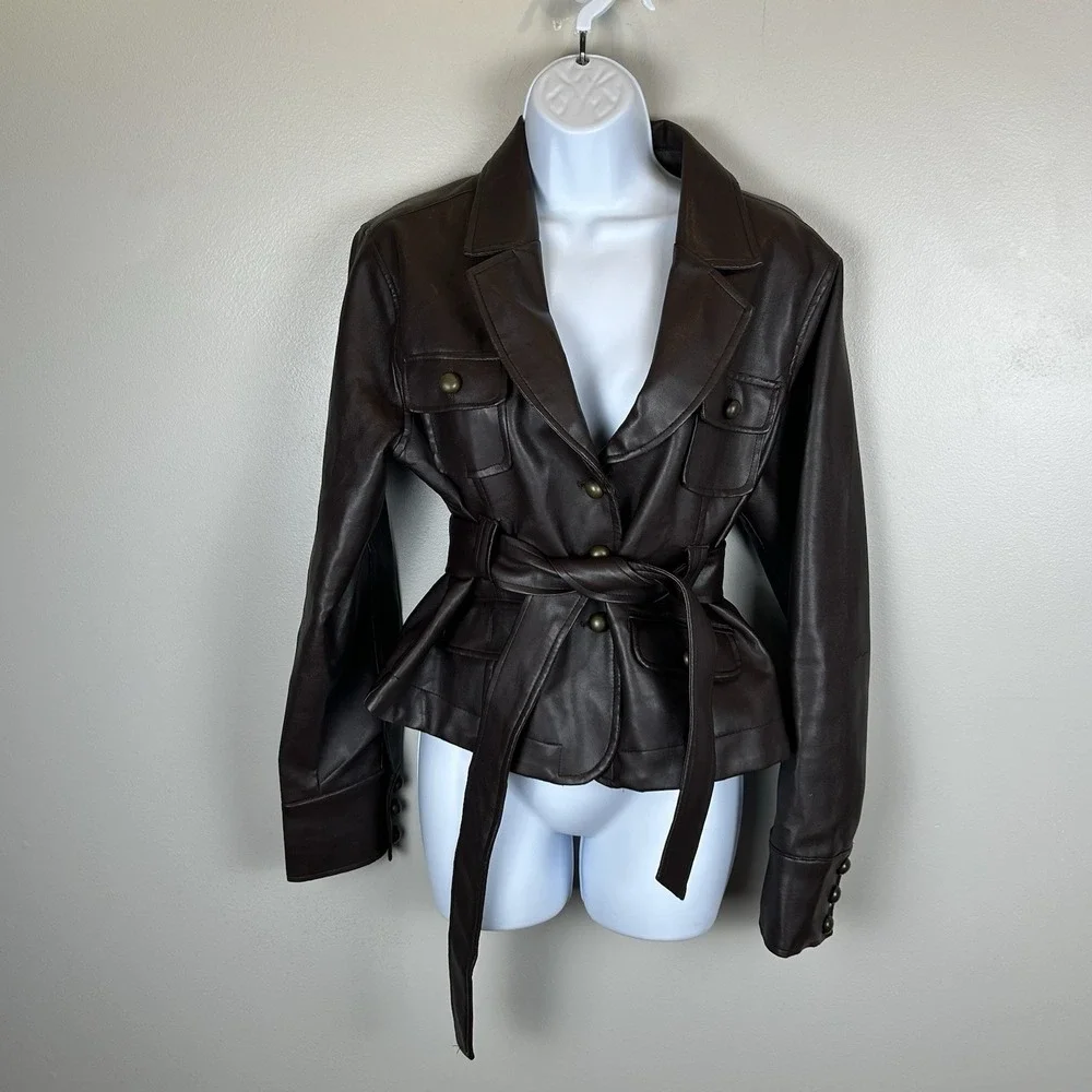 Paris Blues Vintage Faux Leather Jacket Womens Medium Brown Belted Pockets Retro